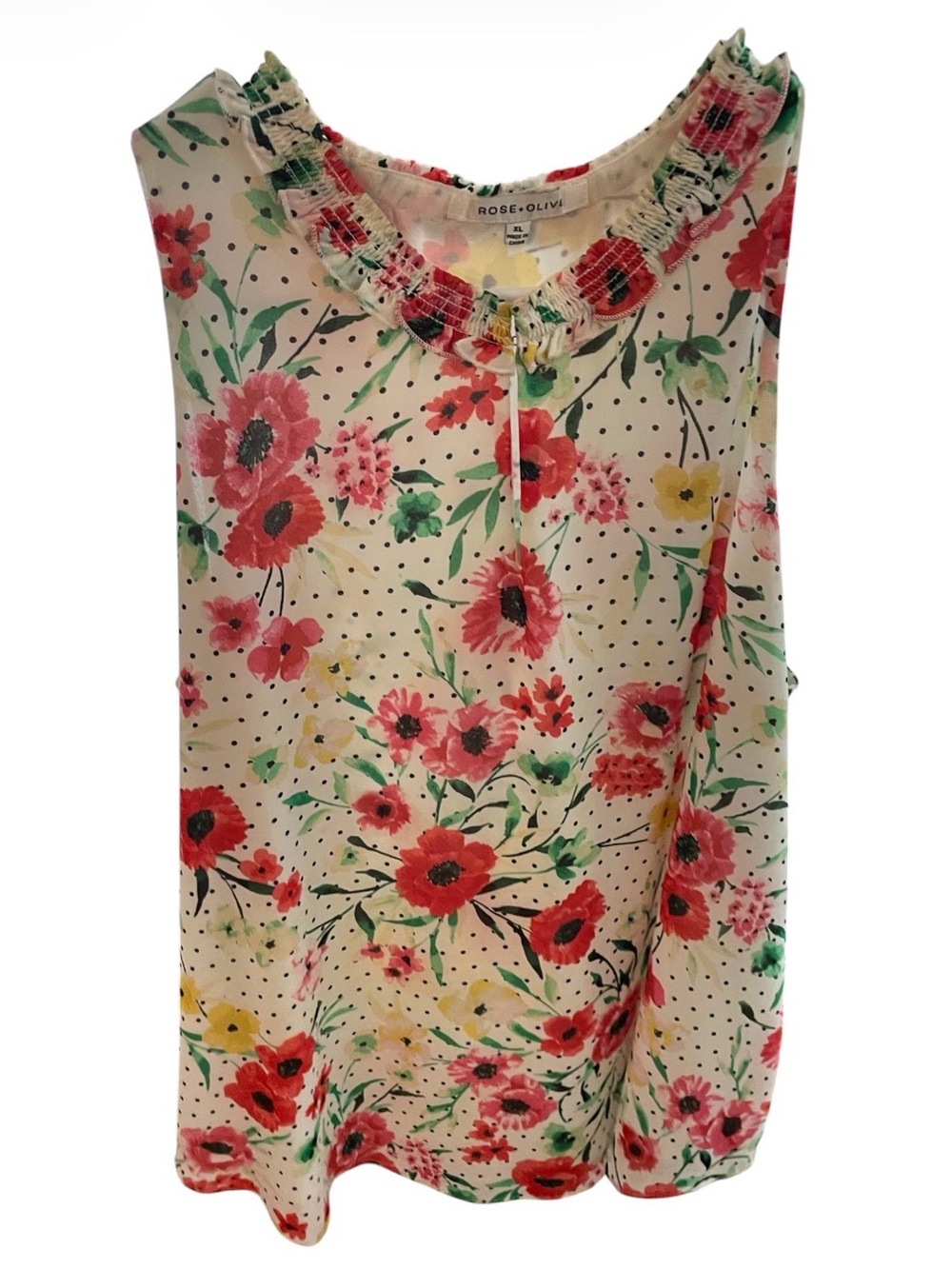 Rose & Olive Floral Ruffled Neck Sleeveless Top - Cream with Red & Green